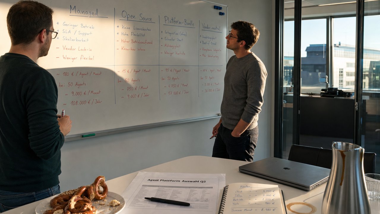 Zwei Produktmanager vor einem Whiteboard mit vier handgezeichneten Spalten zu Managed, Open Source, Plattform-Bundle und Vendor-neutral, in einem deutschen Enterprise-Besprechungsraum
