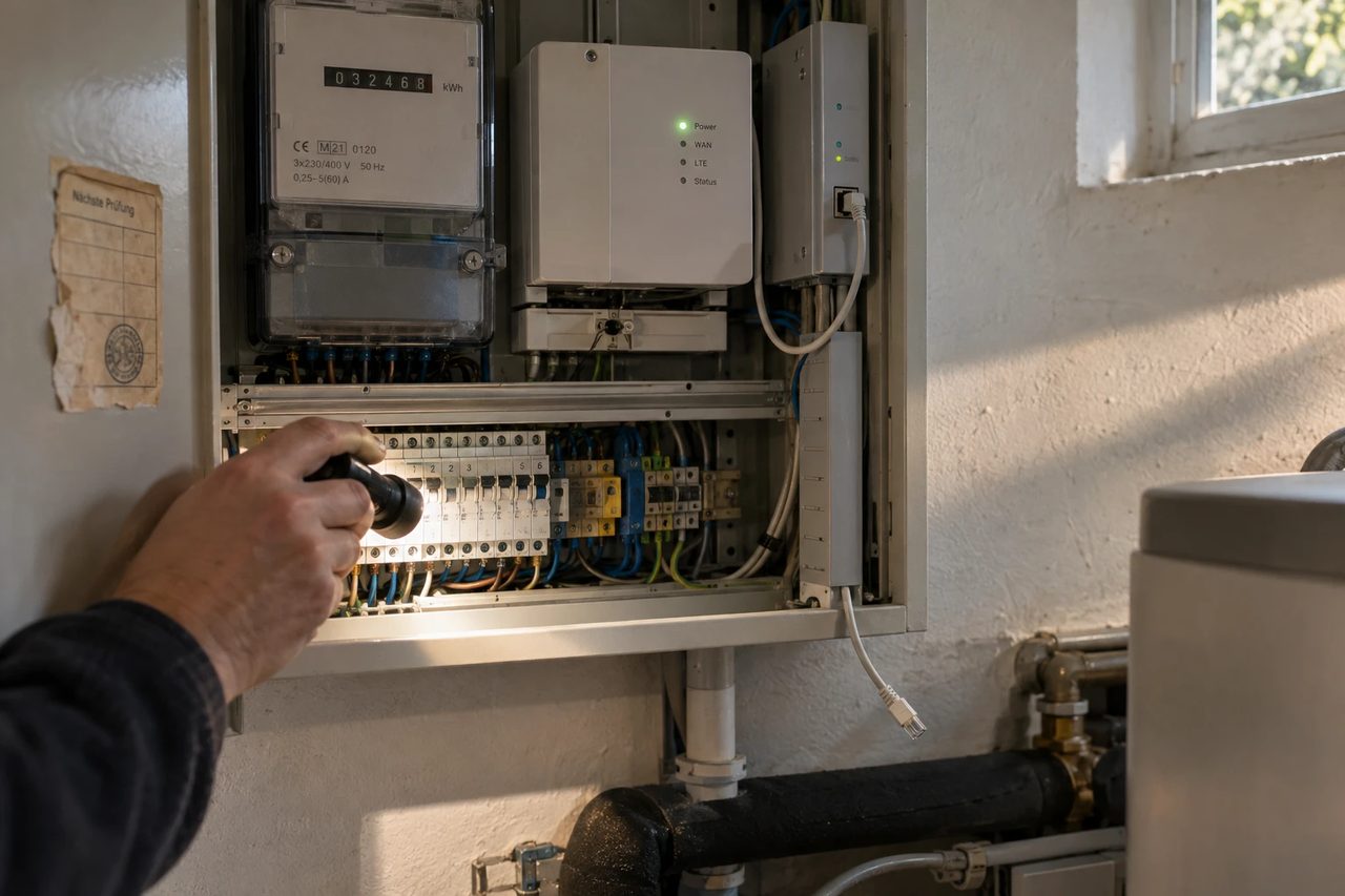 Geöffneter Zählerschrank mit Stromzähler, Smart-Meter-Gateway und kleiner Steuerbox im Hauswirtschaftsraum