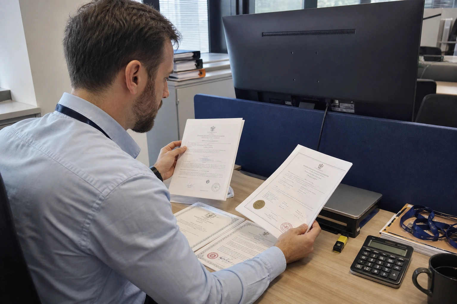 Compliance-Mitarbeiter prüft gedruckte Zertifikatsdokumente am Schreibtisch