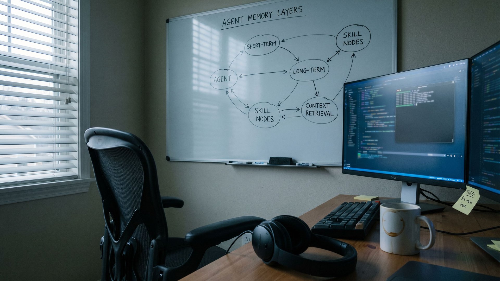 Leerer Entwickler-Arbeitsplatz im Morgengrauen mit Whiteboard voller Architektur-Skizzen von Agent-Speicherschichten und Skill-Knoten, symbolisiert den selbstverbessernden Hermes Agent von Nous Research