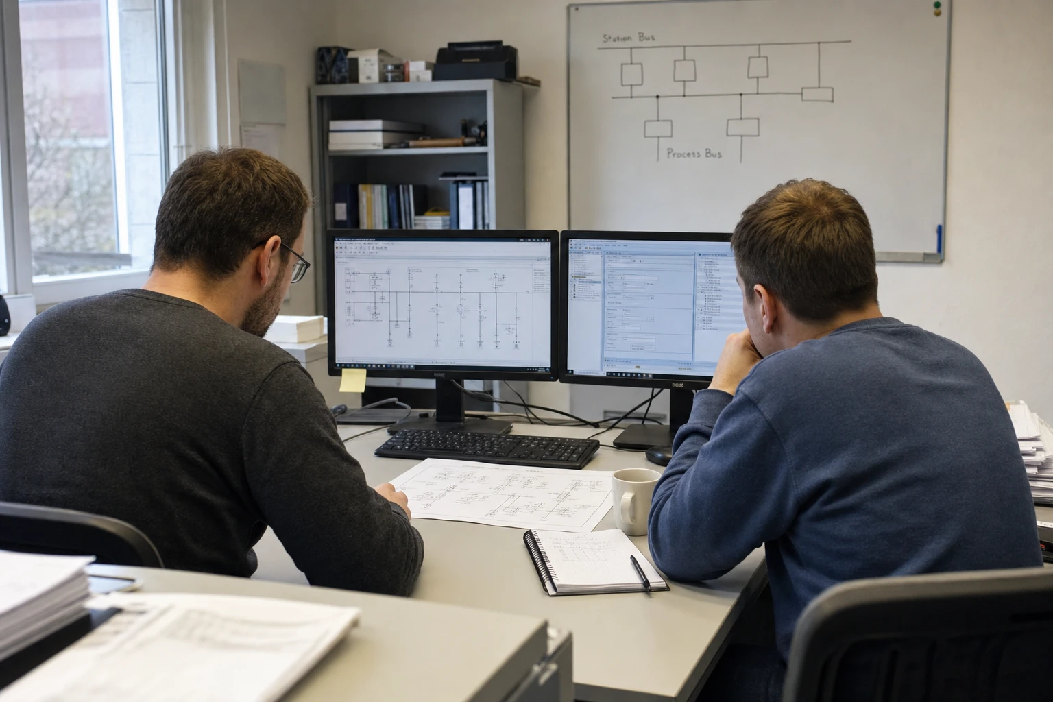 Zwei Ingenieure am Schreibtisch mit zwei Monitoren, die schematische und Konfigurationsansichten zeigen, im Hintergrund ein Whiteboard mit einer Handskizze von Stationsbus und Prozessbus