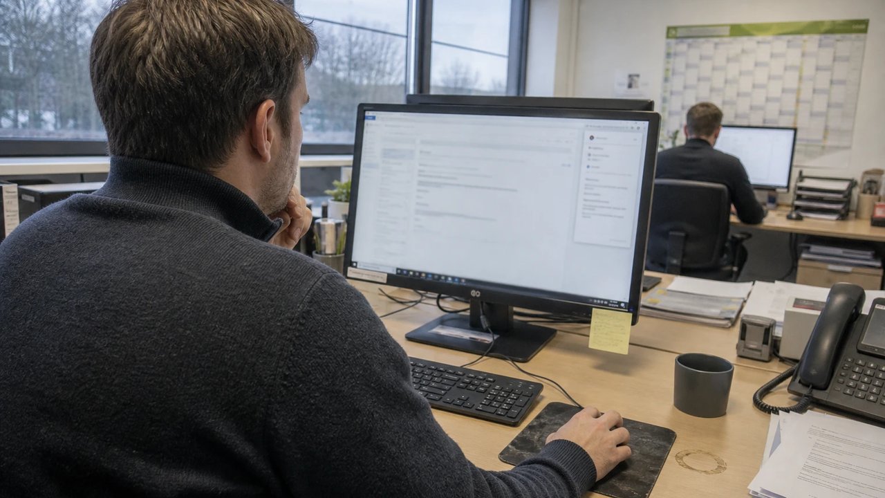 Blick über die Schulter eines Büromitarbeiters, der an einem Bildschirm mit Assistenz-Panel eine E-Mail entwirft, Kollegin unscharf im Hintergrund