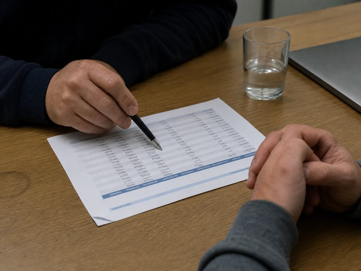 Zwei Personen an einem Besprechungstisch gehen eine gedruckte Kostenübersicht durch, ein Stift liegt auf einer Spalte mit Zahlen