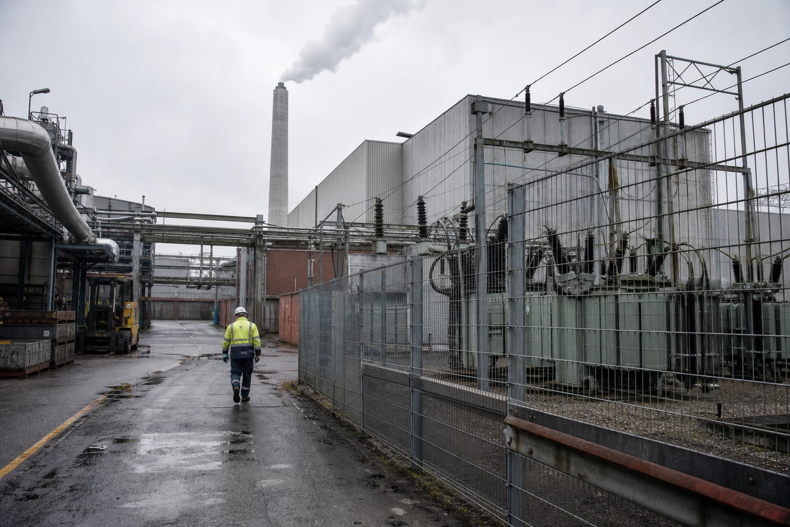 Instandhaltungstechniker in Warnjacke geht an einem energieintensiven deutschen Industriewerk entlang, im Hintergrund Transformatoren hinter einem Zaun und ein Schornstein mit Dampf