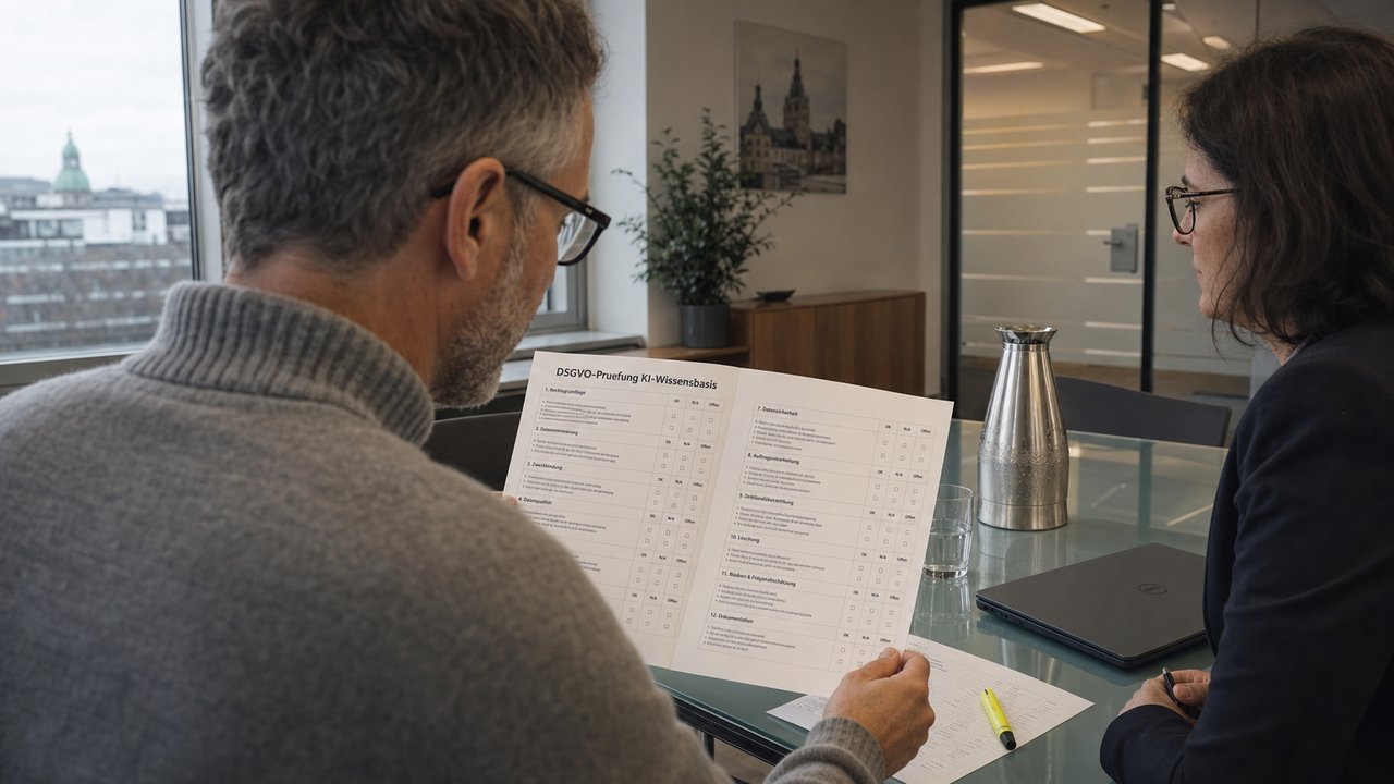 Datenschutzbeauftragter in einer Versicherung in Hannover prüft eine zweiseitige DSGVO-Checkliste für KI-Wissensbasen am Glas-Konferenztisch