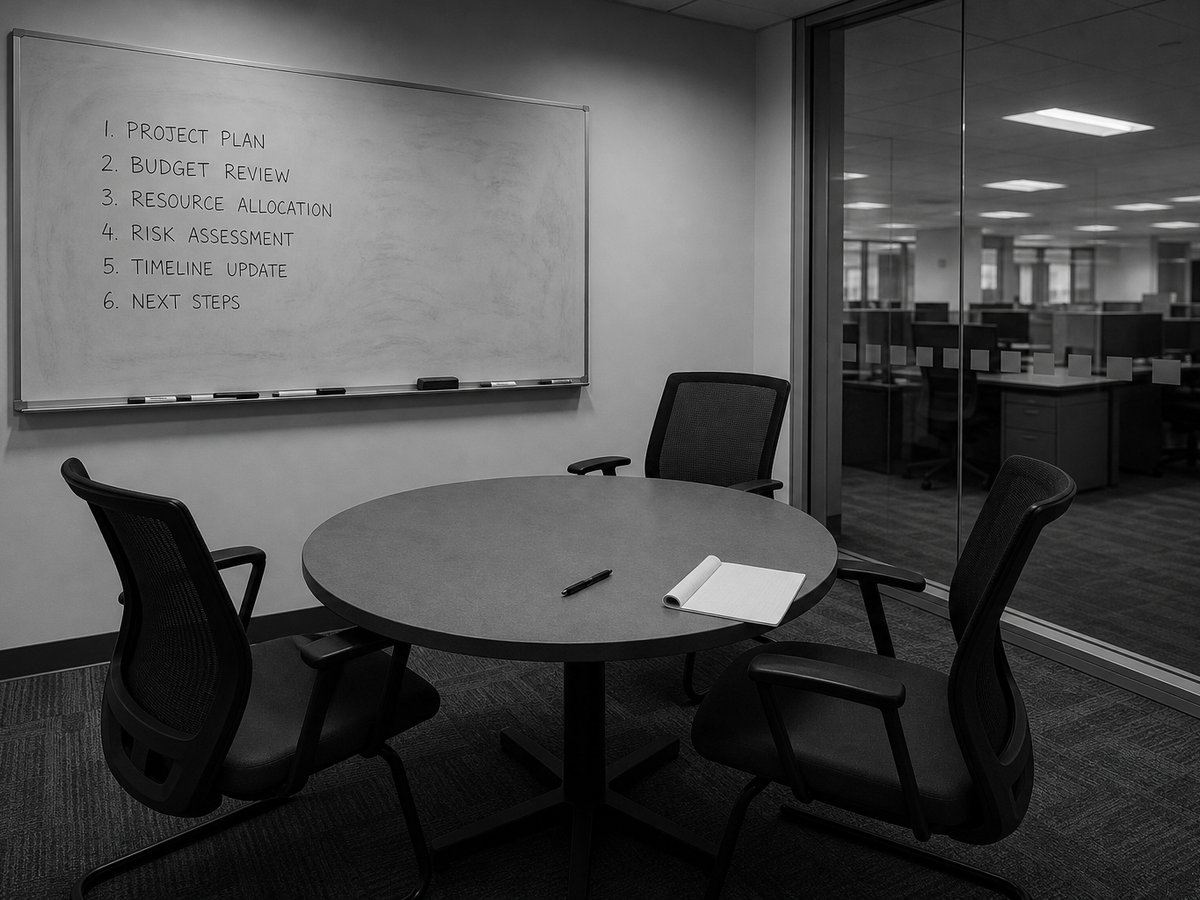 Leerer Konferenzraum nach einem Workshop mit Whiteboard-Checkliste für KI-Agenten-Audit und zurückgeschobenen Stühlen