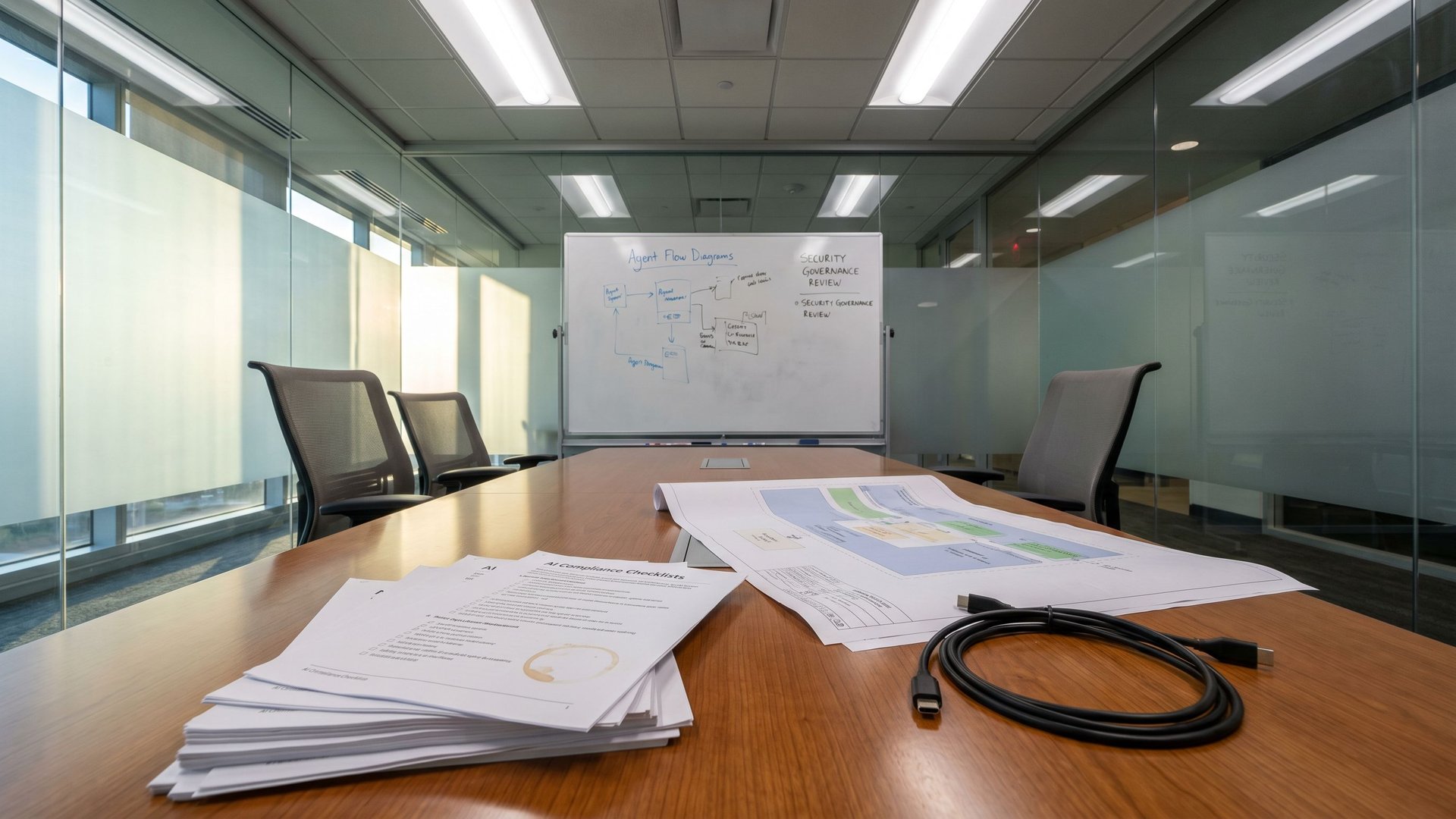 Leerer Konferenzraum nach einer KI-Governance-Sitzung mit gedruckten Compliance-Checklisten auf dem Tisch