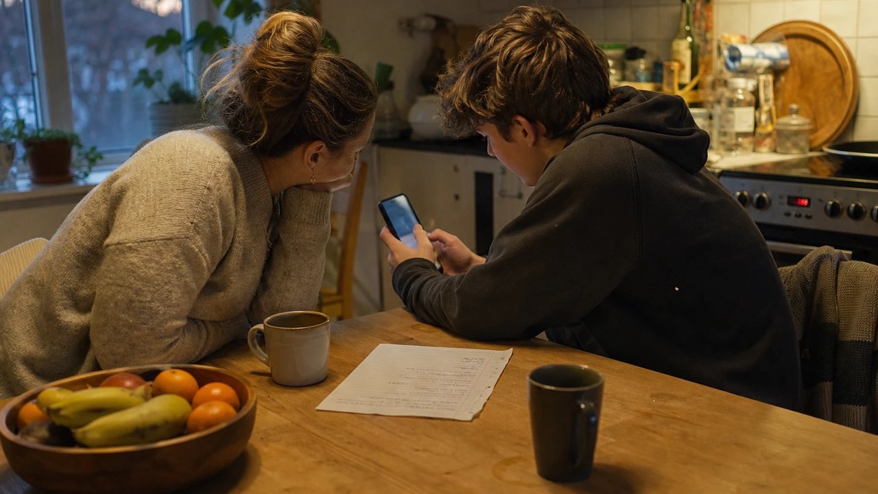 Elternteil und Jugendlicher sitzen abends gemeinsam am Küchentisch und sehen sich zusammen das Smartphone an