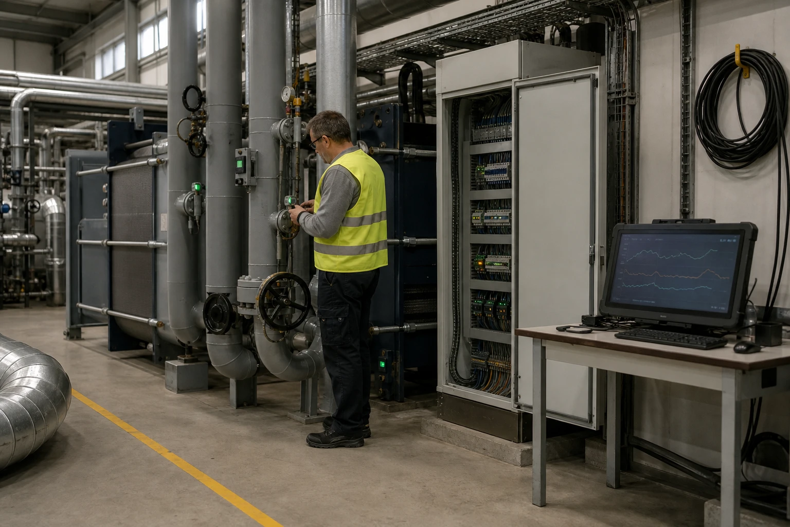 Anlageningenieur in Warnweste prüft in der Übergabestation eines Fernwärmewerks einen Temperatursensor an isolierten Stahlrohren, daneben ein offener Schaltschrank und ein Monitor mit abstrakten Verlaufskurven