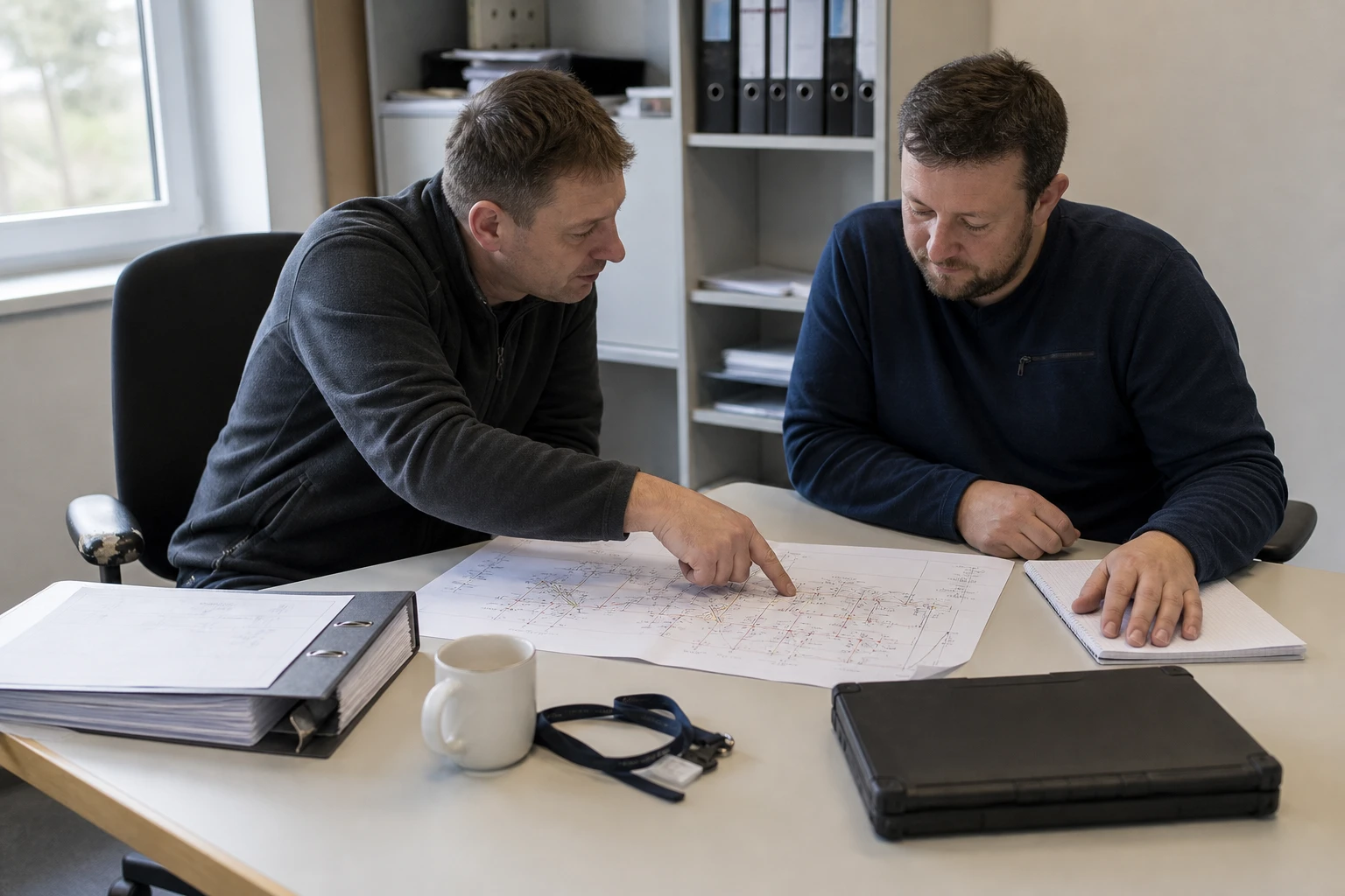Zwei Ingenieure sitzen an einem Bürotisch und besprechen einen ausgedruckten Netzplan, dessen Linien zu den beiden Personen hin lesbar orientiert sind, daneben ein geschlossener Laptop, eine Tasse und ein Ordner mit Ausdrucken