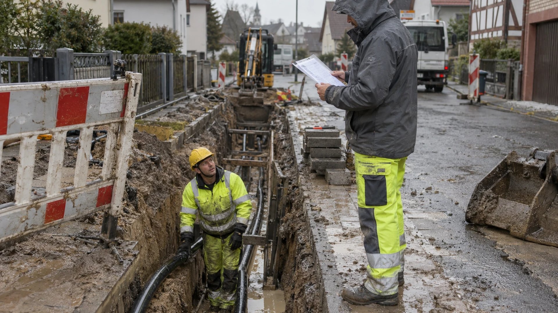 Bauleiter eines Netzbetreibers liest am Kabelgraben im Regen einen Arbeitsauftrag, im Graben wartet ein Kollege am Kabel