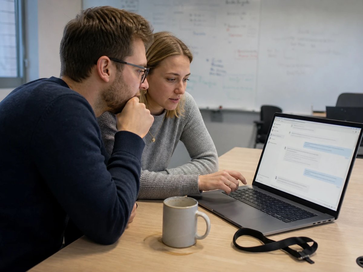 Zwei Kolleginnen und Kollegen prüfen gemeinsam an einem Laptop den Chat-Assistenten ihrer eigenen Unternehmenswebsite