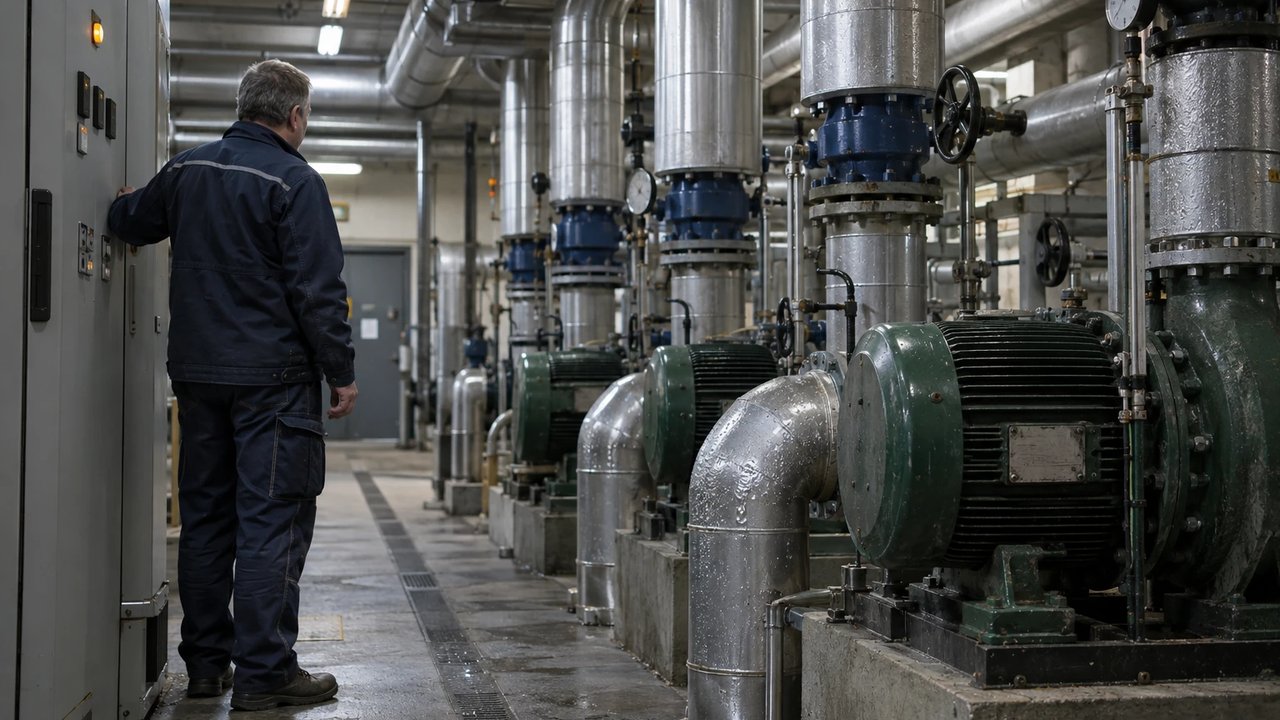 Schichttechniker an einem Schaltschrank in der Pumpenhalle eines Heizkraftwerks, daneben große Umwälzpumpen der Fernwärme