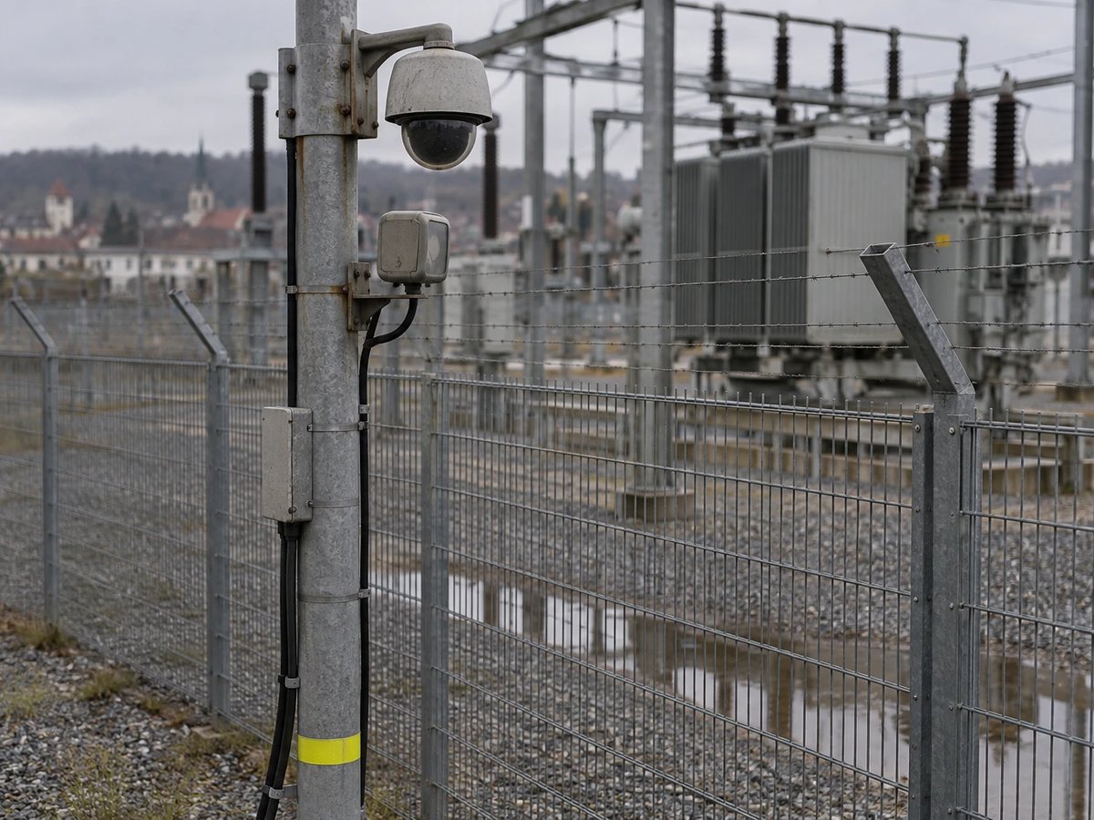 Mast mit Kuppelkamera und Radarsensor am Zaun eines Umspannwerks, dahinter unscharf das Transformatorenfeld