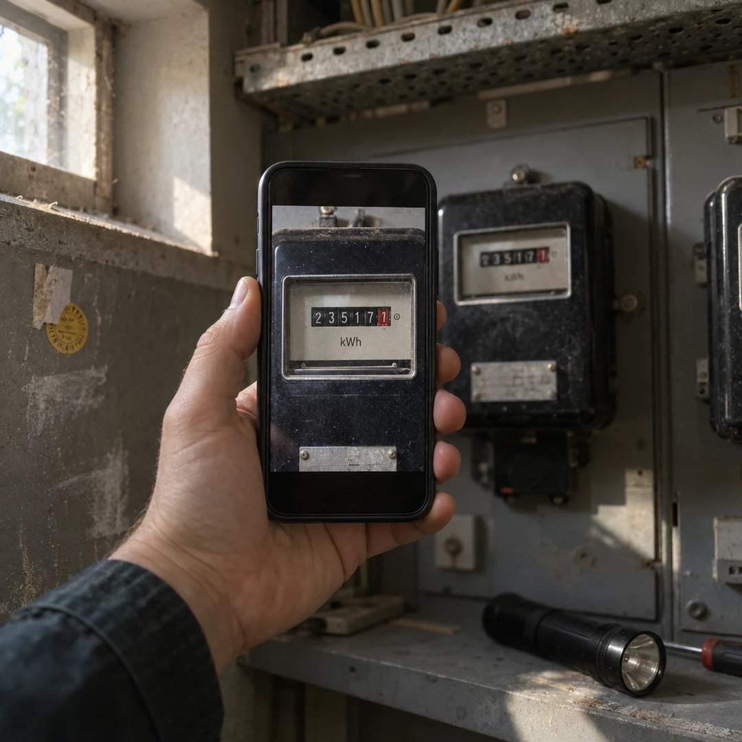 Hand hält ein Smartphone vor einen alten schwarzen Stromzähler im Keller, auf dem Display das Zählwerk