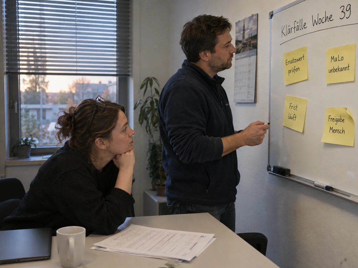 Zwei Mitarbeitende der Marktkommunikation vor einem Whiteboard mit Klärfall-Notizen wie Ersatzwert prüfen und Freigabe Mensch