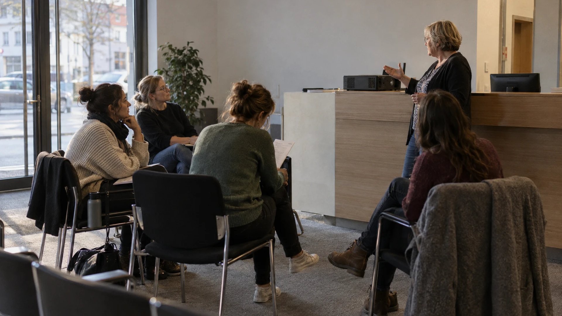Mitarbeiterinnen des Kundenservice sitzen nach Ladenschluss im Kundencenter eines Stadtwerks im Halbkreis, eine Kollegin erklärt am Tresen