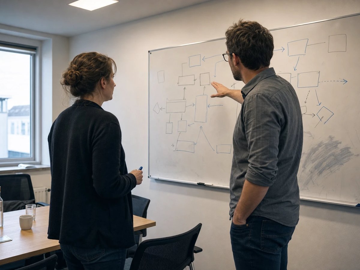 Zwei Kollegen stehen nach einem Workshop vor einem Whiteboard mit einem Ablaufdiagramm aus Kästen und Pfeilen