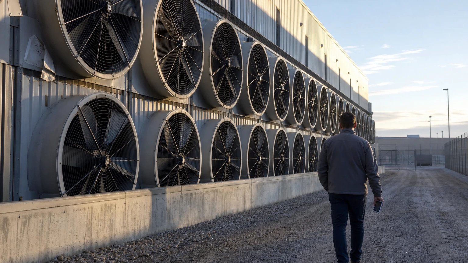 Ein Techniker geht an der langen Kühlwand eines Rechenzentrums mit zwei Reihen großer Industrieventilatoren entlang, Morgenlicht streift die Fassade.