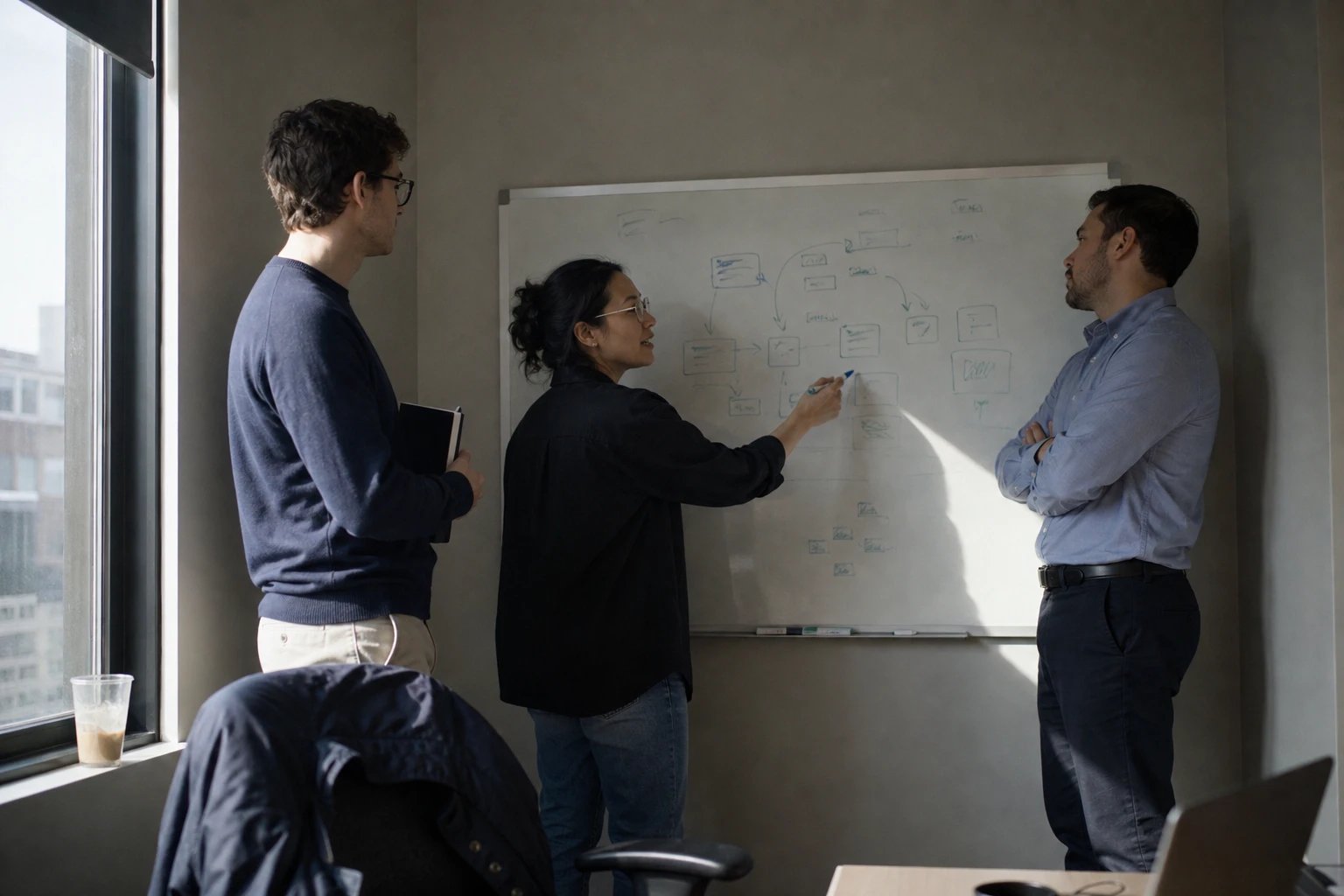 Drei Kollegen aus Finanzen und IT besprechen an einem Whiteboard eine Skizze aus Kästen und Pfeilen, eine Frau zeigt auf das Board.