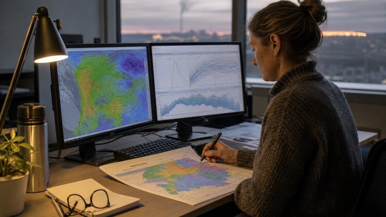 Eine Analystin prüft am frühen Morgen zwei Monitore mit Wetterkarten und Prognosekurven, daneben eine gedruckte Wetterkarte auf dem Schreibtisch.
