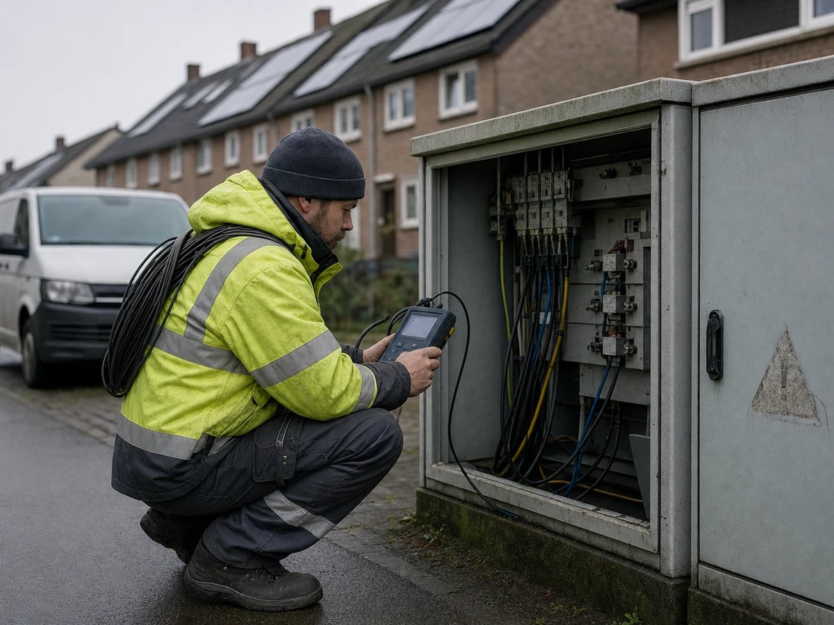 Ein Techniker prüft mit einem Messgerät an einem geöffneten grauen Ortsnetzverteiler die Kabel, im Hintergrund Reihenhäuser mit Dach-Solaranlagen.