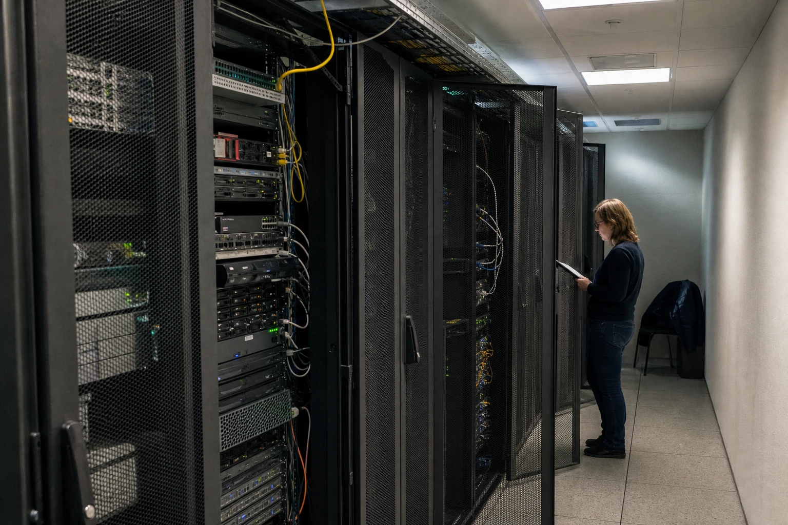 Mitarbeiterin der IT steht mit einem Klemmbrett am Ende einer Rackreihe im Serverraum eines Stadtwerks und arbeitet die Schränke ab