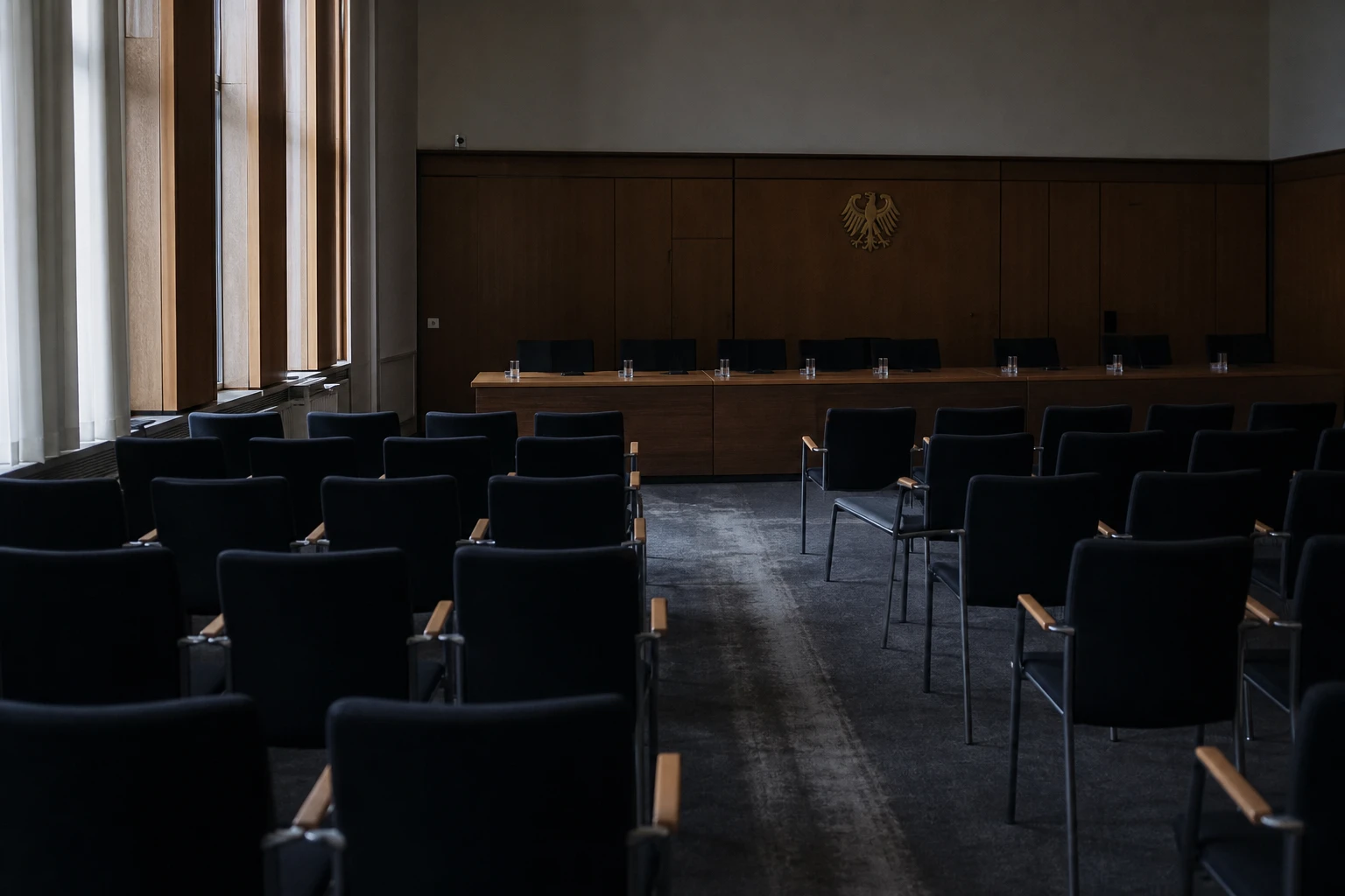 Leerer Anhörungssaal einer deutschen Bundesbehörde mit Bundesadler an der Holzwand, Stuhlreihen und einem langen Tisch mit Wassergläsern