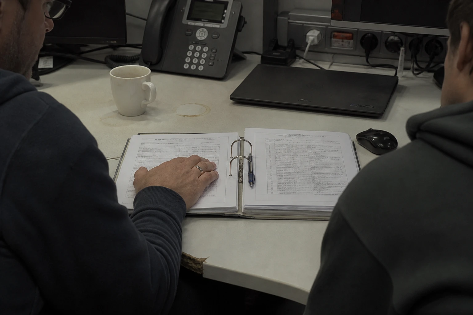 Aufgeschlagener Ordner auf einem Schreibtisch der IT-Abteilung eines Stadtwerks, zwei Personen davor, daneben eine Kaffeetasse und ein geschlossener Laptop