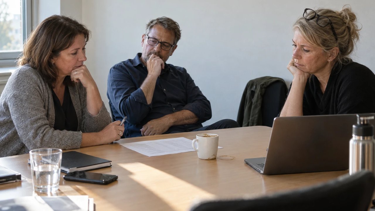 Betriebsrätin, IT-Leiter und Datenschutzbeauftragte eines Stadtwerks gehen am Besprechungstisch eine Liste von KI-Anwendungsfällen durch