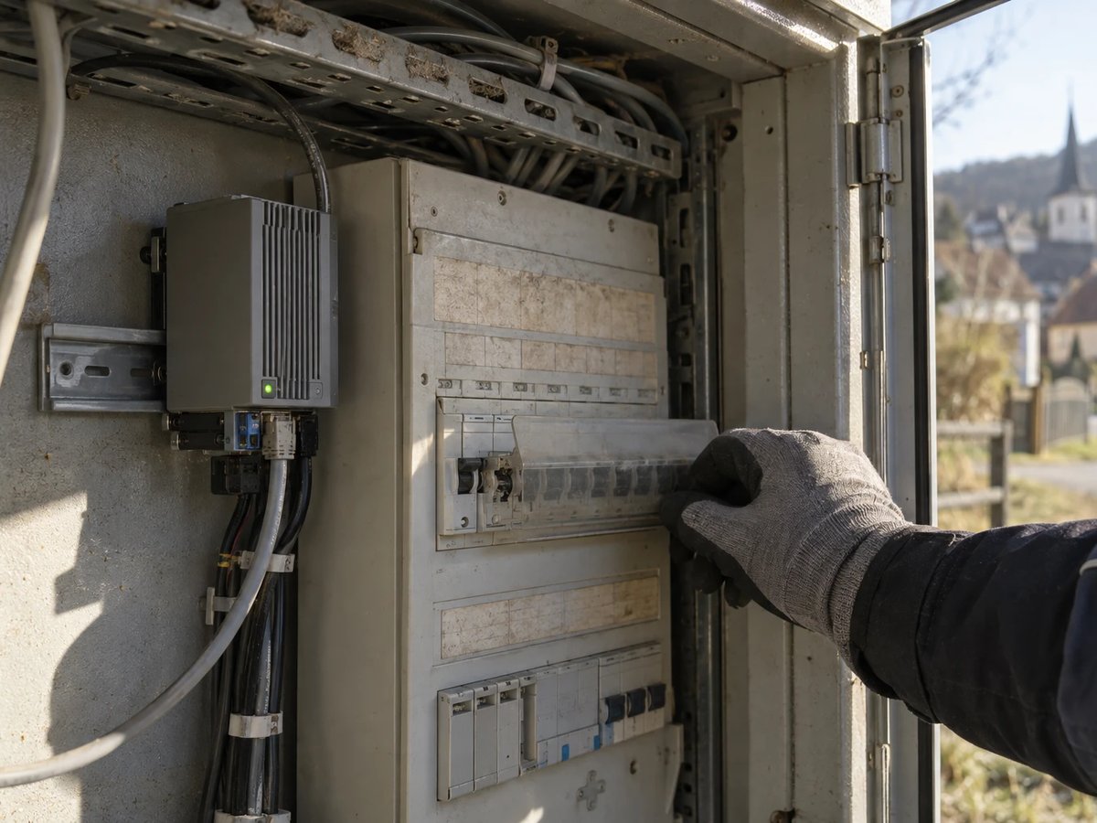 Neu montierter Edge-Rechner neben der Niederspannungsverteilung in einer Ortsnetzstation, ein Techniker schließt die Abdeckung