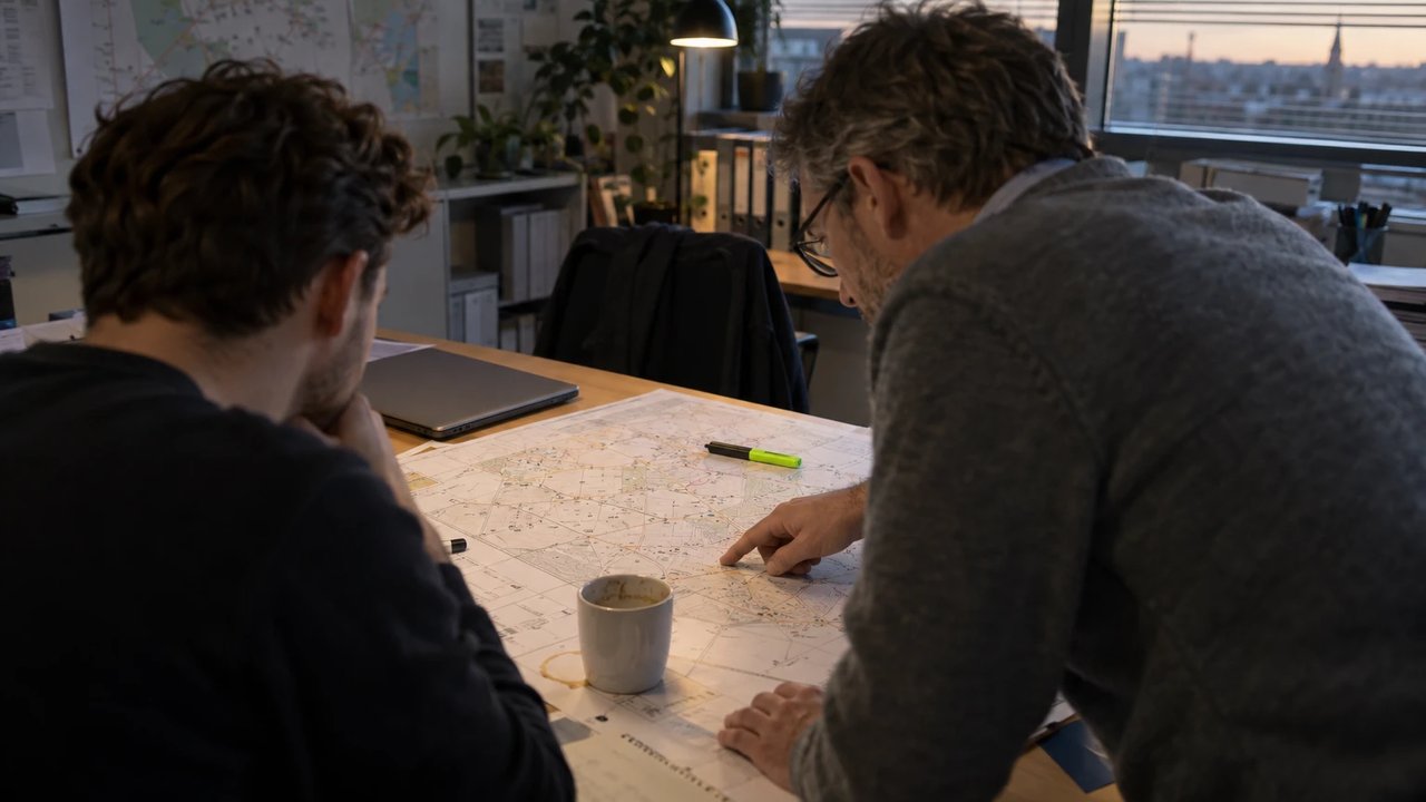Netzplaner eines Stadtwerks beugt sich mit einem jüngeren Kollegen über einen gedruckten Niederspannungsplan eines Stadtteils