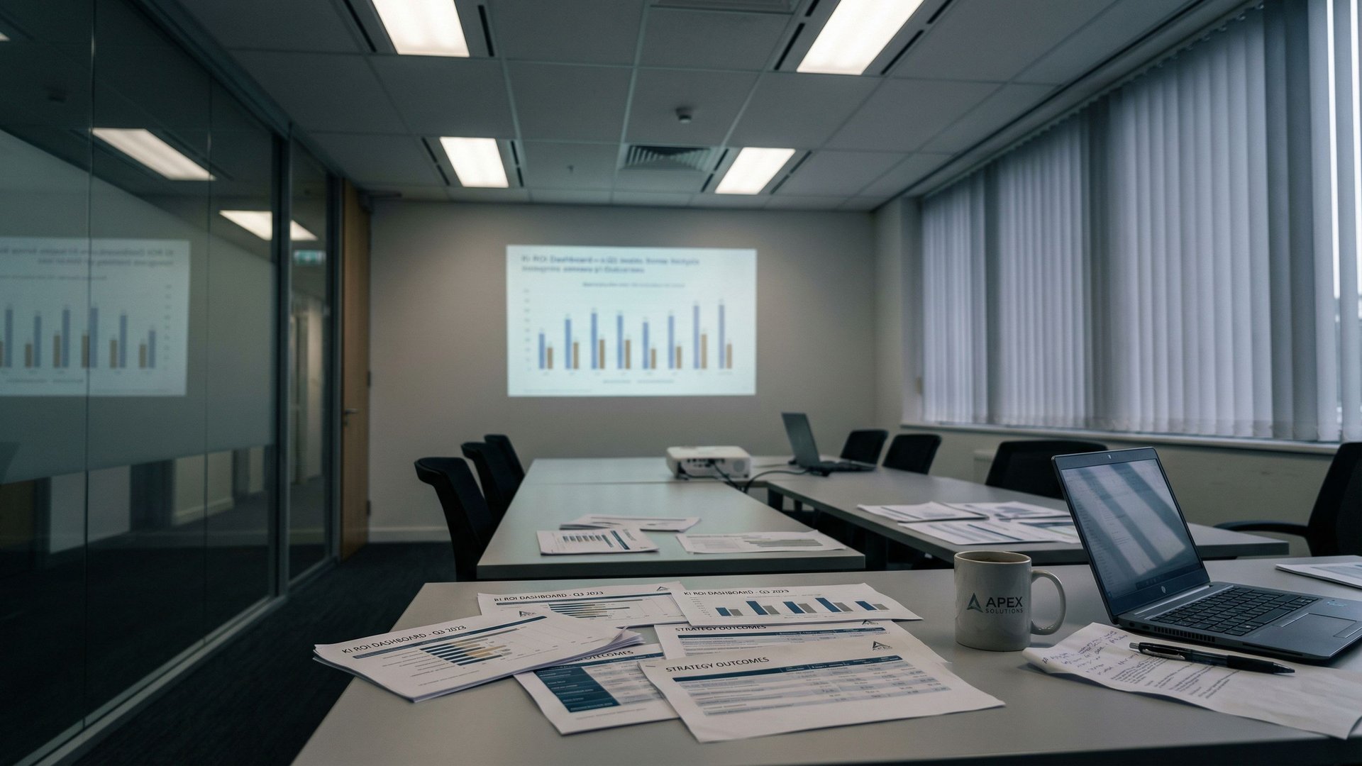 Leerer Konferenzraum nach einer KI-Strategiebesprechung mit Ausdrucken und halb geschlossenem Laptop auf dem Tisch