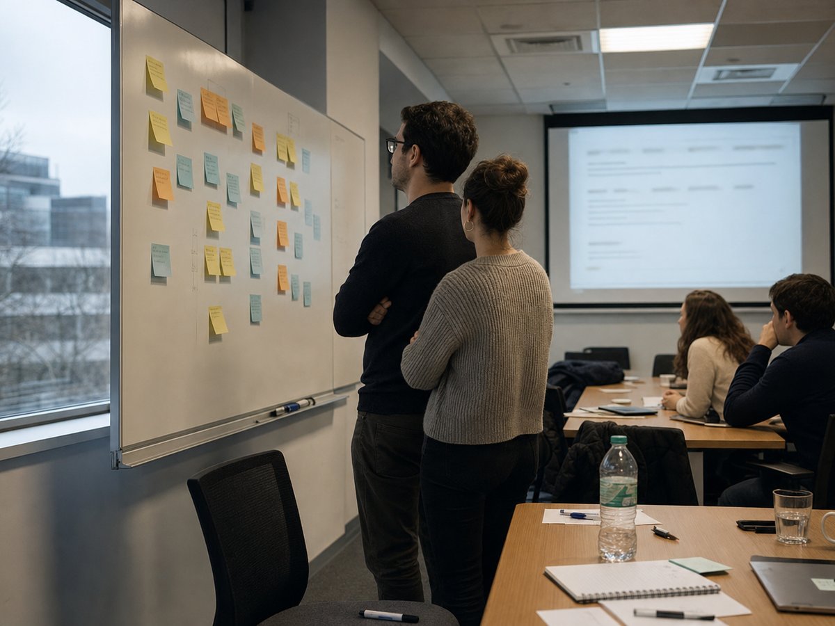 Führungskraft und HR-Leiterin in einem Workshop, der Reskilling-Szenarien und KI-Transformationspläne für die Belegschaft entwickelt