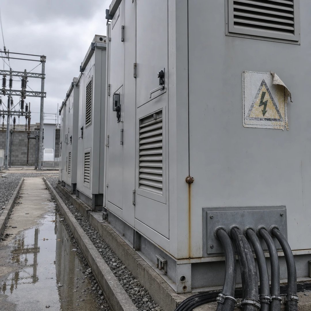 Detailaufnahme grauer Batteriespeicher- und Wechselrichter-Container an einem Umspannwerk mit dicken Anschlusskabeln und einem Warnschild