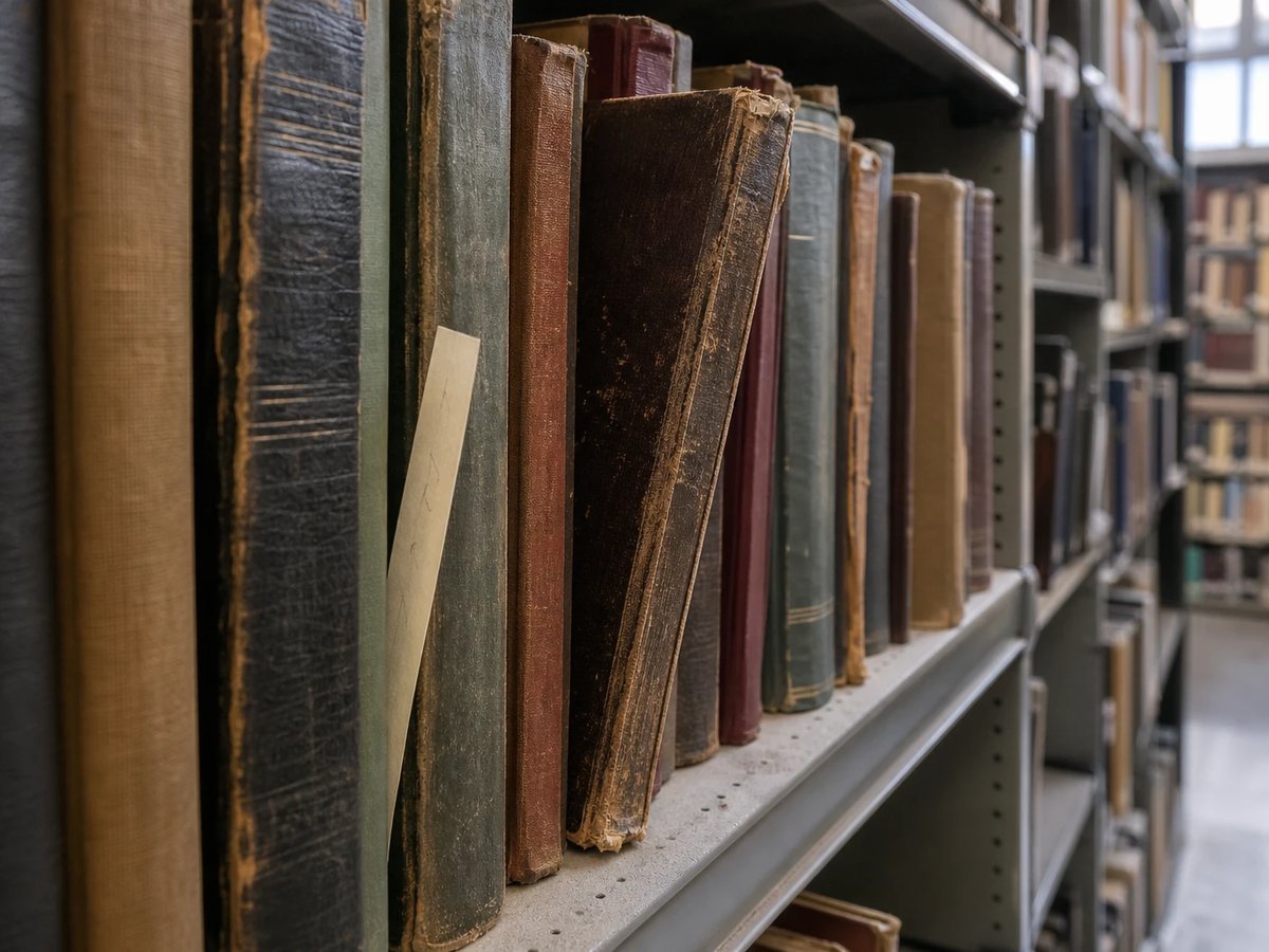 Reihe abgenutzter gebundener Bücher in einem Bibliotheksregal, ein Band halb herausgezogen, dazwischen ein Papierstreifen