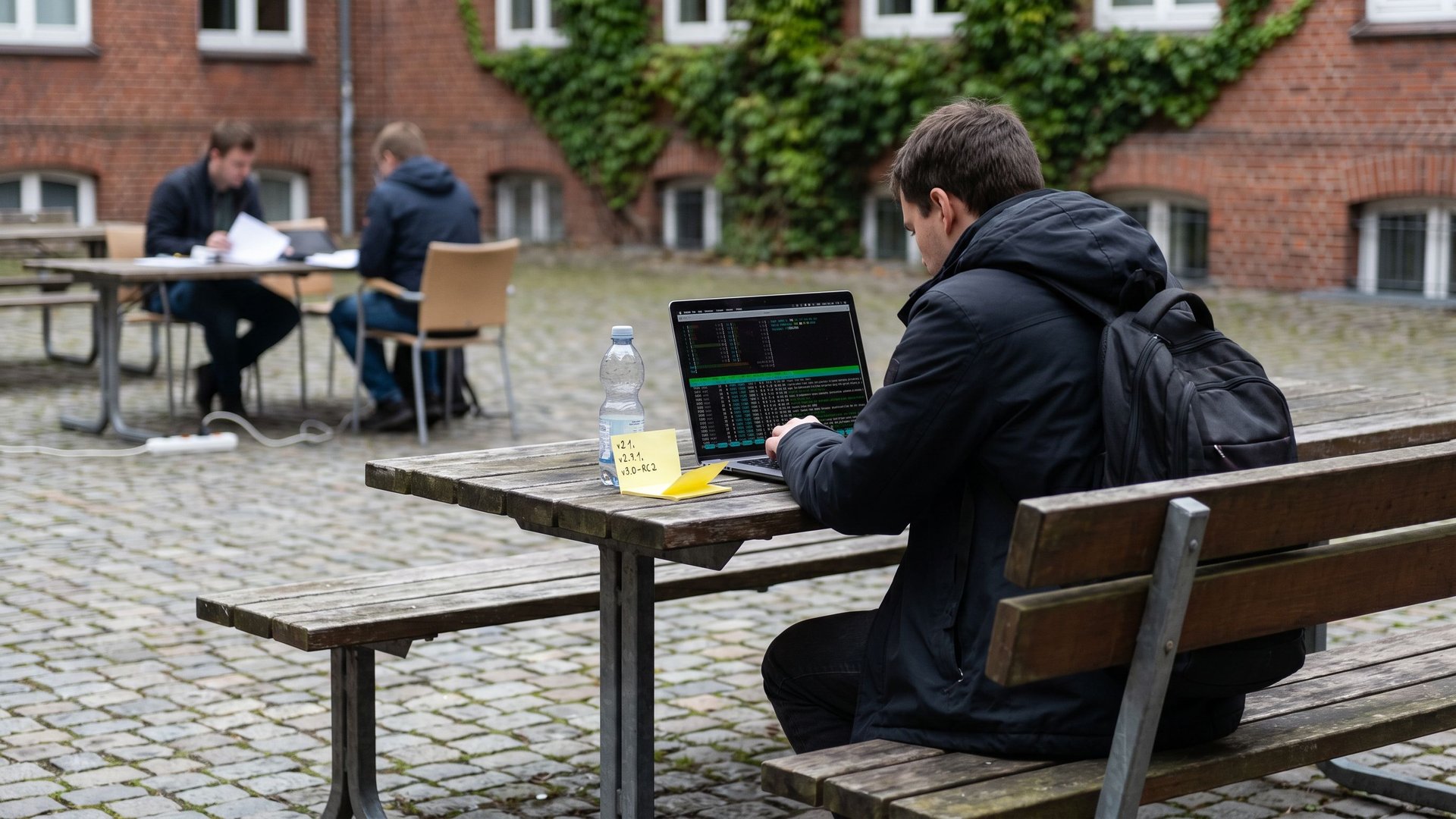 Entwickler an einem Außentisch eines Forschungscampus in Norddeutschland überprüft ein Laptop-Terminal mit mehreren laufenden Prozessen, stellvertretend für KI-Agenten-Orchestrierung mit Kimi K2.6