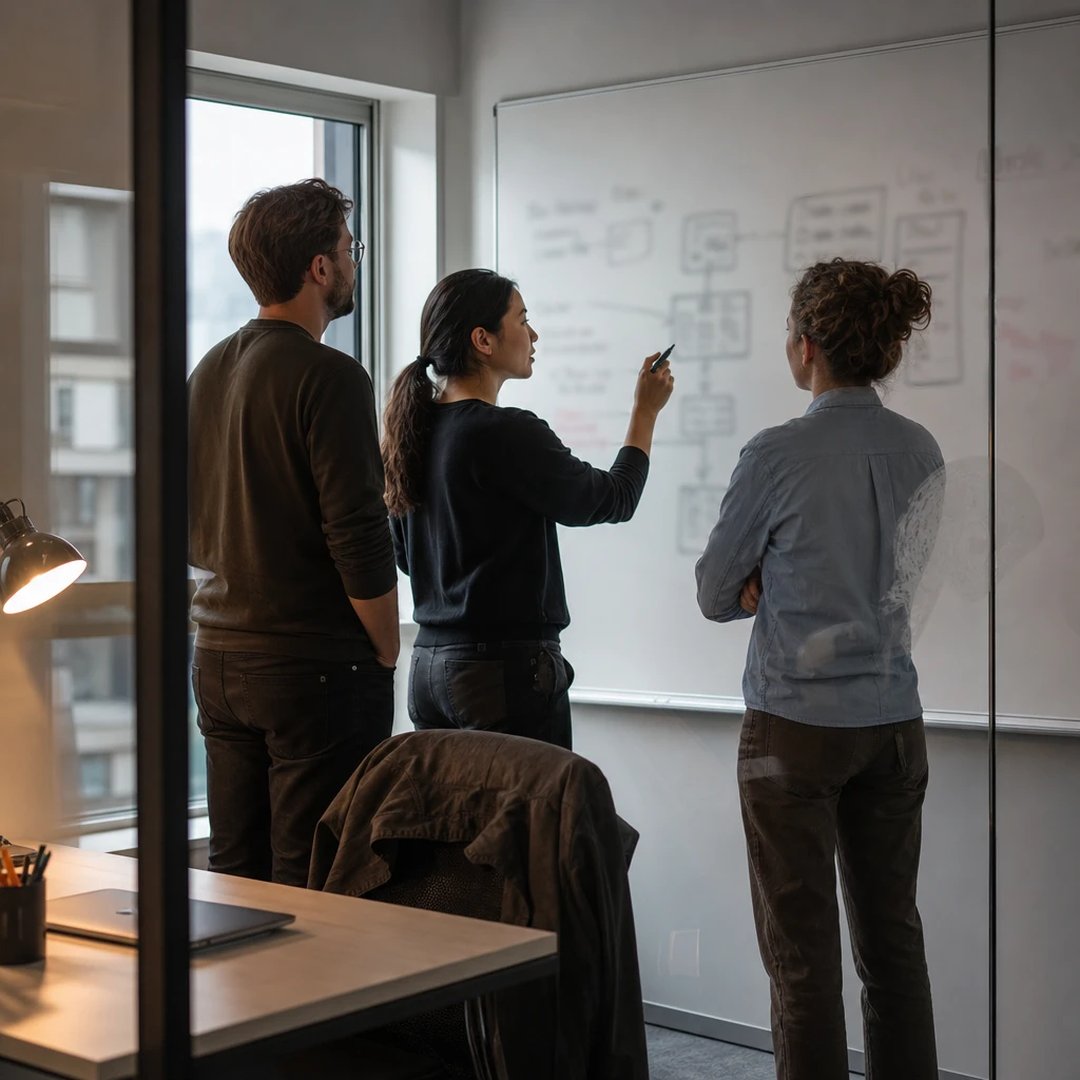 Drei Kollegen stehen in einem kleinen Besprechungsraum am Whiteboard und diskutieren eine Skizze im Nachmittagslicht.