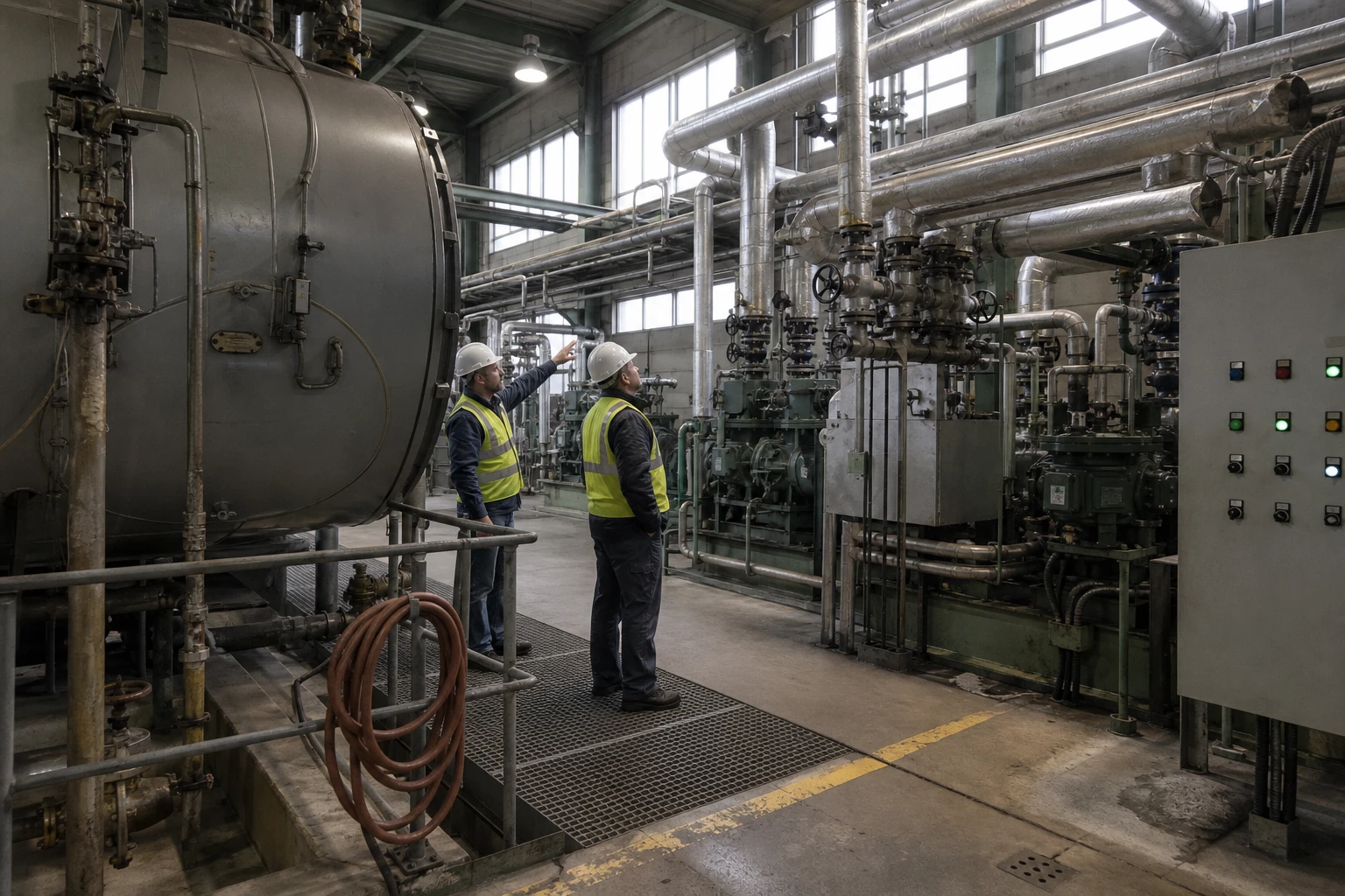 Zwei Ingenieure mit Helm und Warnweste auf einem Laufsteg in einer Industriehalle mit Elektrodampfkessel und Wärmepumpen