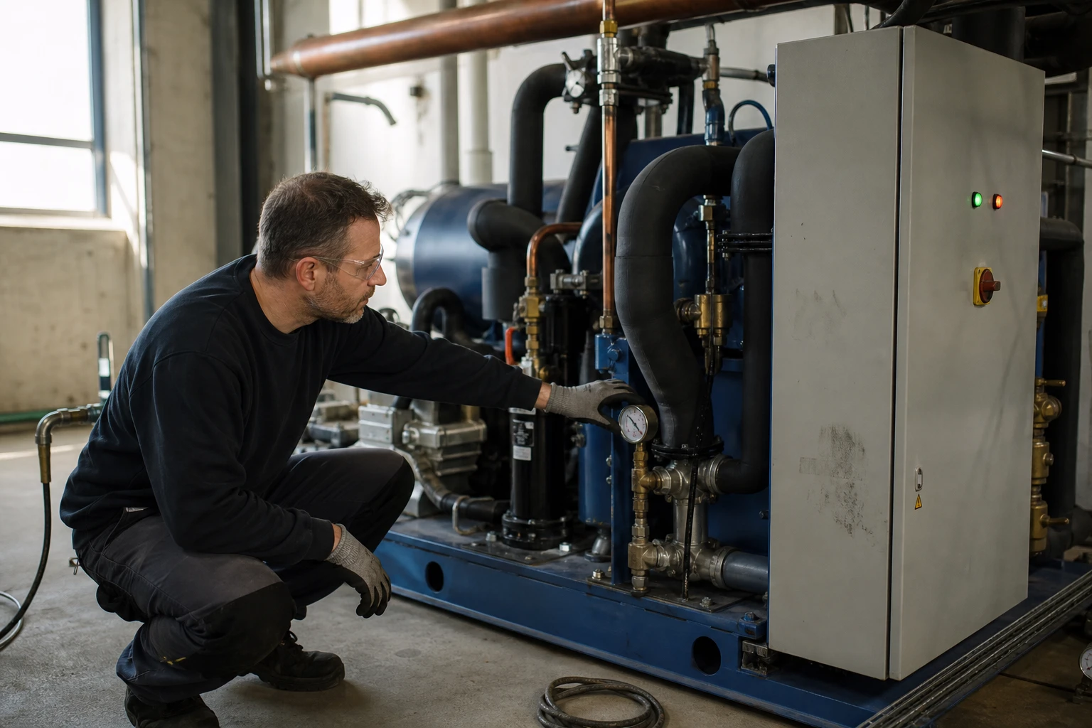 Technikerin oder Techniker prüft an einer neu installierten großen Industriewärmepumpe mit isolierten Rohren und Manometern einen Messwert