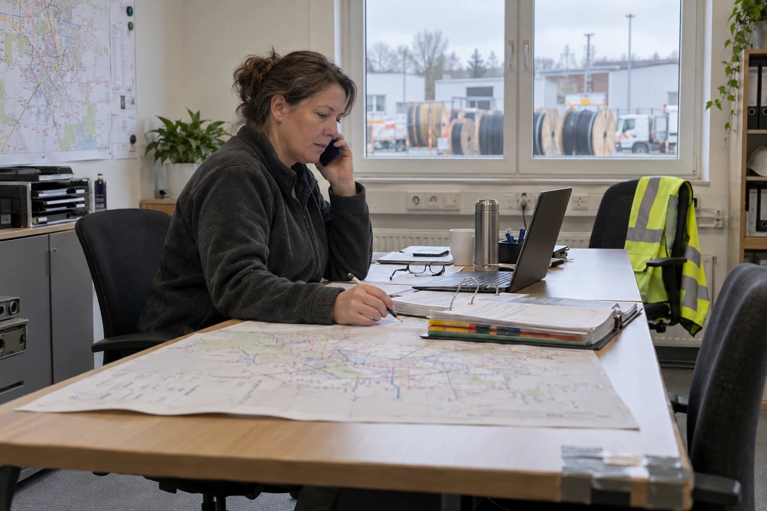 Netzplanerin in einem Planungsbüro eines Stadtwerks, das Telefon am Ohr, vor ihr ein ausgedruckter Niederspannungsplan und ein Ordner mit farbigen Registern