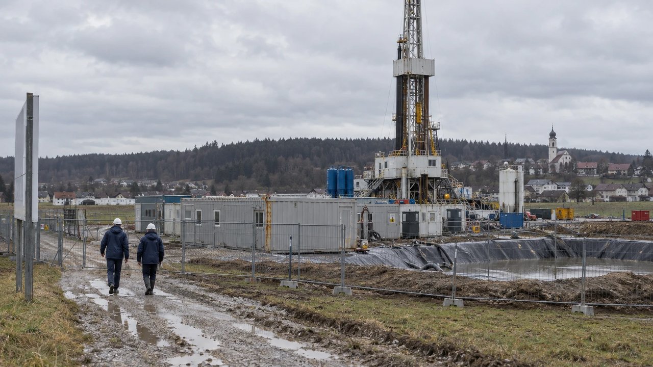Zwei Ingenieure gehen auf einem Schotterweg zu einer Tiefengeothermie-Bohrstelle mit Bohrturm am Rand einer oberbayerischen Gemeinde