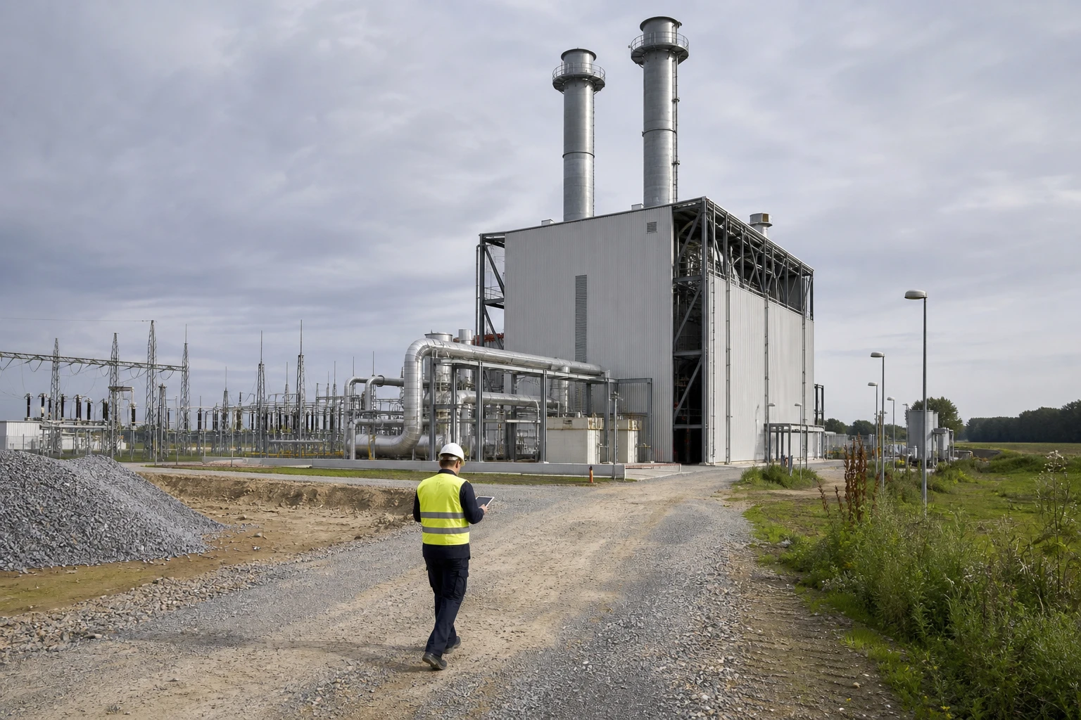 modernes Gaskraftwerk mit Turbinenhalle und Schornsteinen, ausgelegt für eine spätere Wasserstoffumstellung.