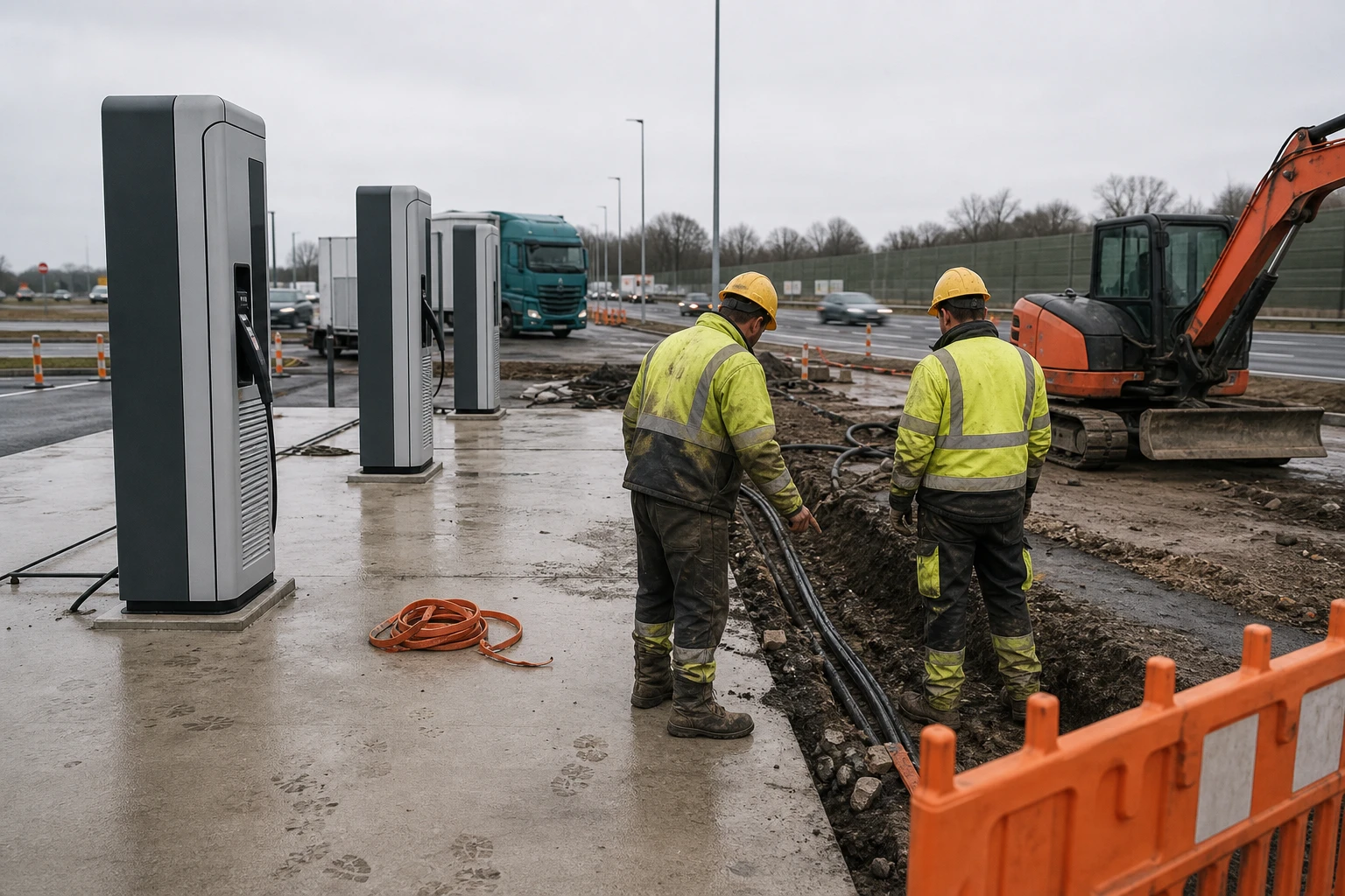 Zwei Bauarbeiter in verschmutzten Warnwesten und Helmen stehen an einem offenen Kabelgraben an einer Autobahn-Rastanlage, an der neue graue Schnellladesäulen auf frischem Beton errichtet werden, daneben ein Bagger und orangefarbene Absperrungen