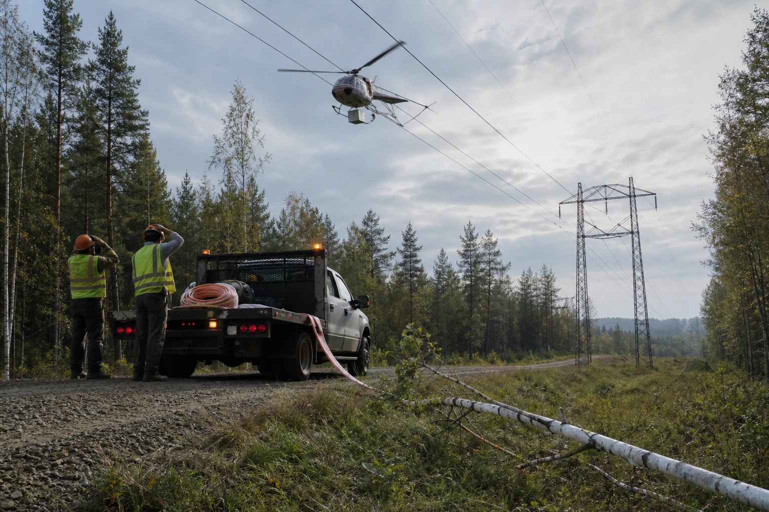 Vermessungshelikopter mit Sensorpod fliegt niedrig über eine Mittelspannungstrasse im Wald, zwei Monteure am Lkw schauen auf