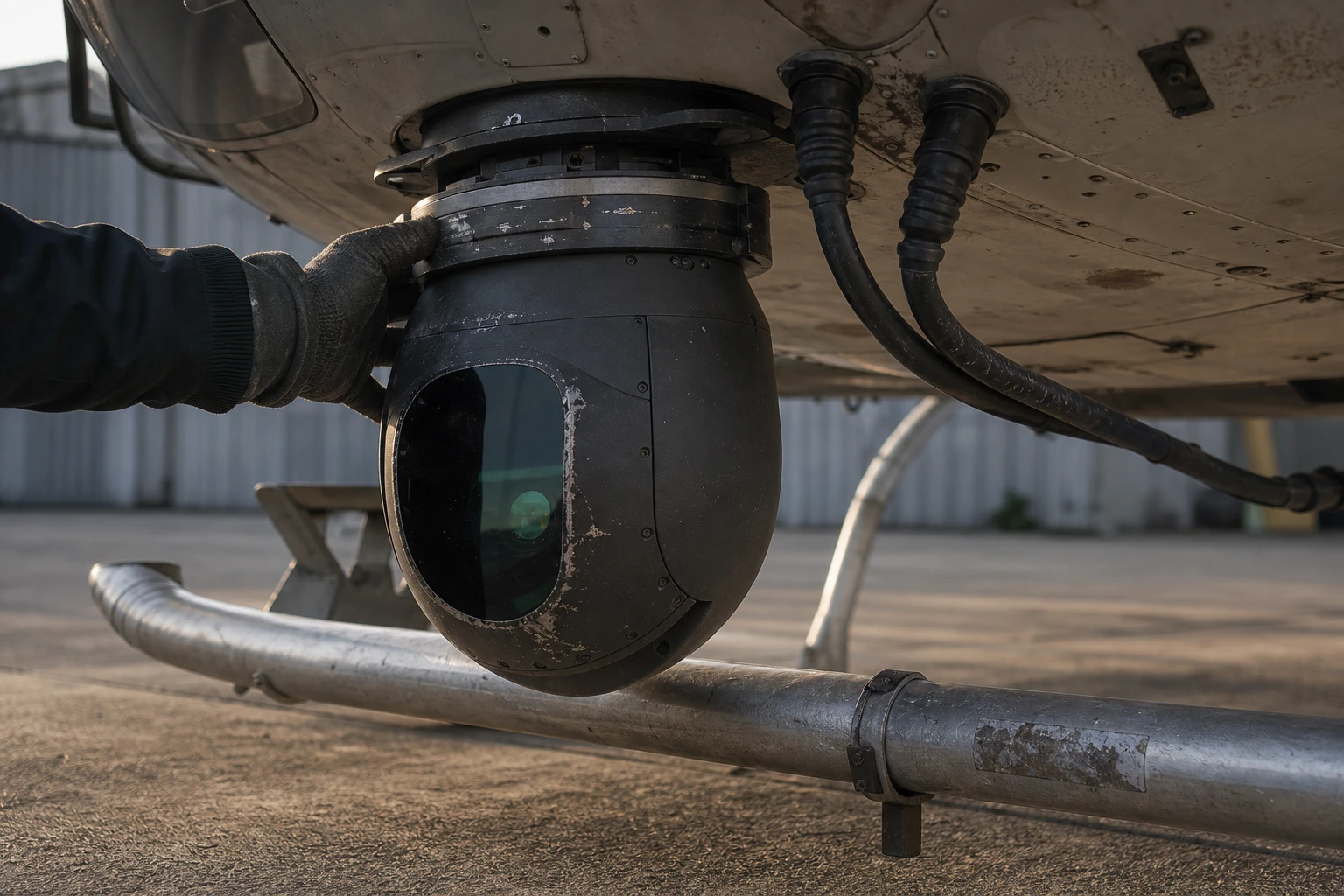 Gimbal-montierter LiDAR-Sensorpod unter dem Rumpf eines Vermessungshelikopters, eine behandschuhte Hand prüft die Halterung
