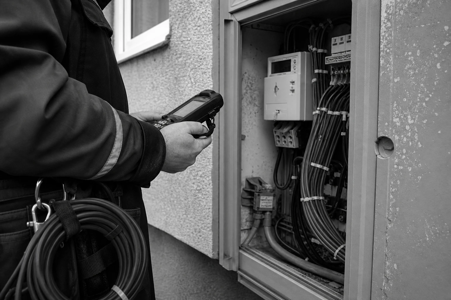 Hände eines Technikers mit einem Handlesegerät vor einem offenen grauen Zählerschrank mit modernem digitalem Stromzähler und gebündelter Verkabelung an einer Hauswand