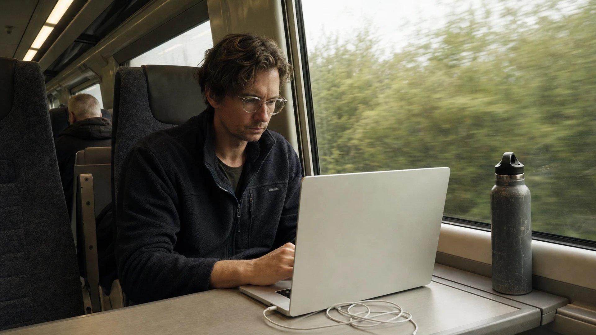 Person im Zug arbeitet an einem MacBook am Fenstertisch, Sinnbild für KI, die ohne Cloud lokal auf dem Gerät läuft