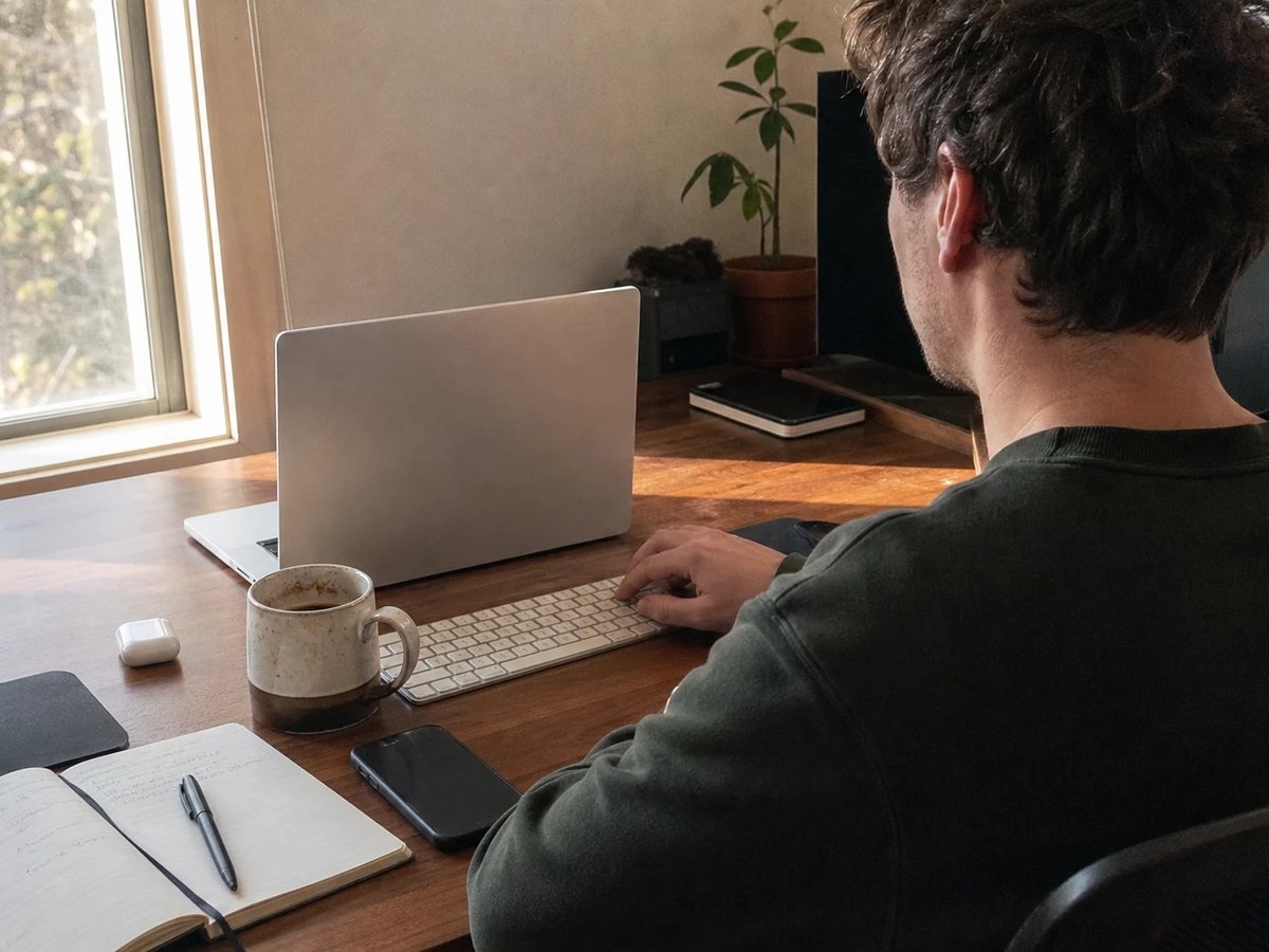 Entwickler am Schreibtisch arbeitet über die Schulter gesehen an einem MacBook mit Kaffeetasse und Notizbuch