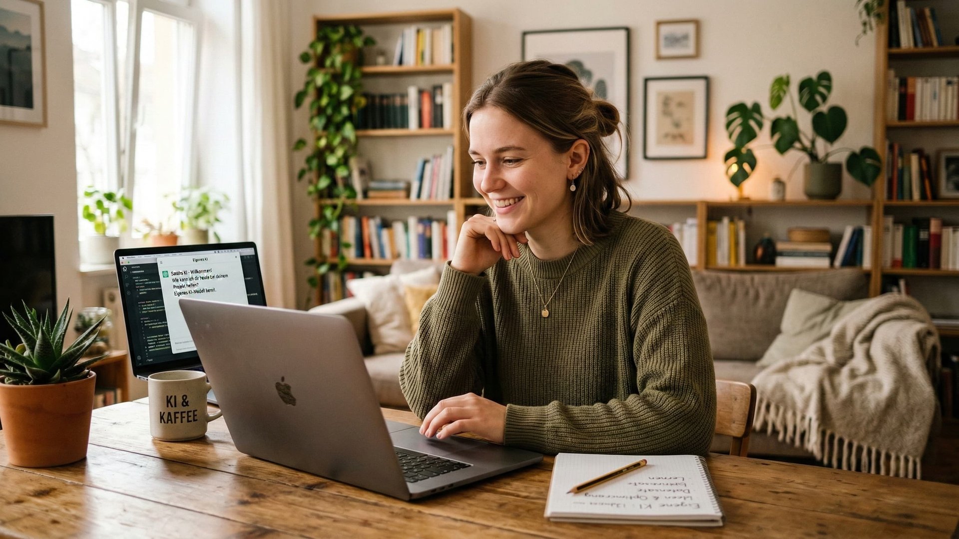 Frau arbeitet mit lokaler KI auf dem Laptop in einem hellen Homeoffice mit einer Tasse KI und Kaffee